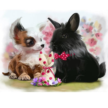 Chiot et petit lapin pâque noir | Kit de broderie de diamant - Animaux Chien Produit