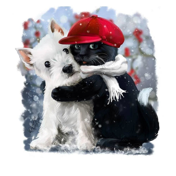 Compagnons chiot et chaton à casquette | Diamond painting complet - Animaux Chat Chien Produit