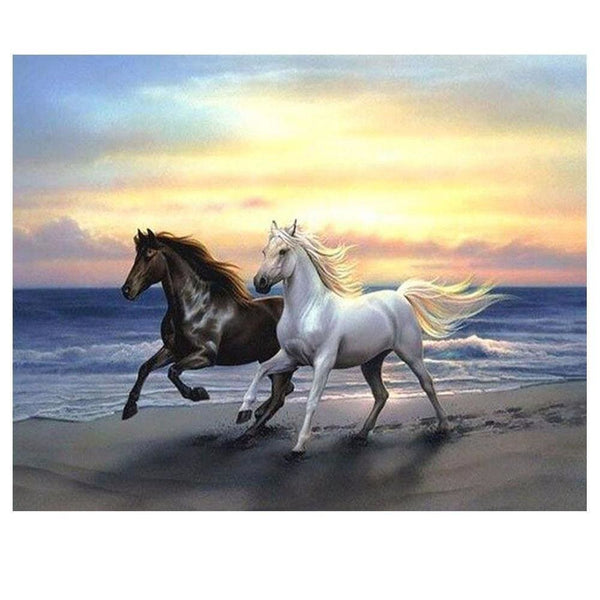 Couple de chevaux au couché de soleil | Broderie diamant toile entière - Animaux Cheval Produit