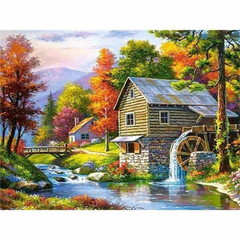 Décor de montagne à lancienne - modèle M002 | Diamond painting grand format - Automne Paysage Produit À la montagne