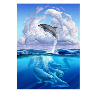 Entre ciel et mer avec les dauphins | Kit de broderie de diamant - Animaux Paysage Poisson Produit À la mer