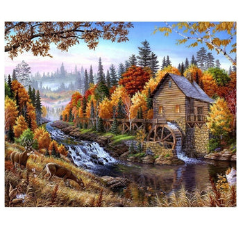 Le moulin a eau | Broderie diamant complet - En forêt Paysage Produit À la montagne