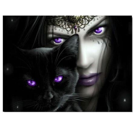 Mystérieux chat noir et princesse aux yeux violet | Diamond painting kit - Animaux Chat Produit