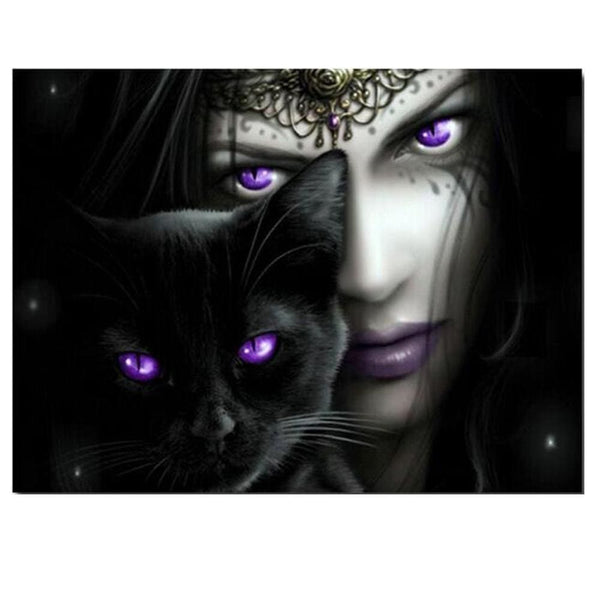 Mystérieux chat noir et princesse aux yeux violet | Diamond painting kit - Animaux Chat Produit