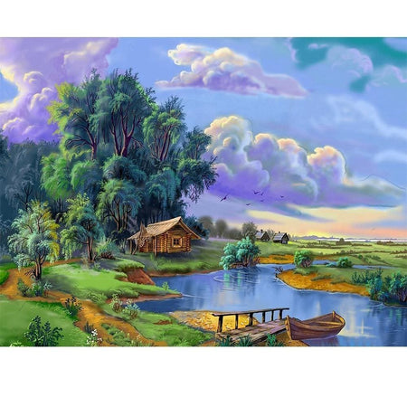 Petit cabanon au bord dune rivière | Diamond painting grand format - Dessin Dessin crayon Paysage Produit Été