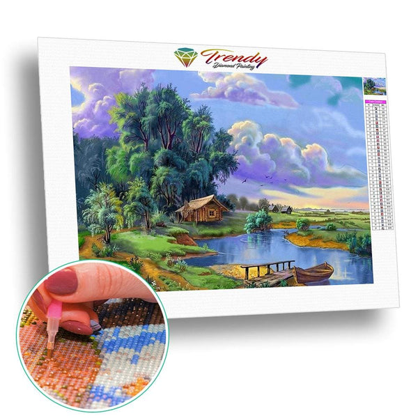 Petit cabanon au bord dune rivière | Diamond painting grand format - Dessin Dessin crayon Paysage Produit Été