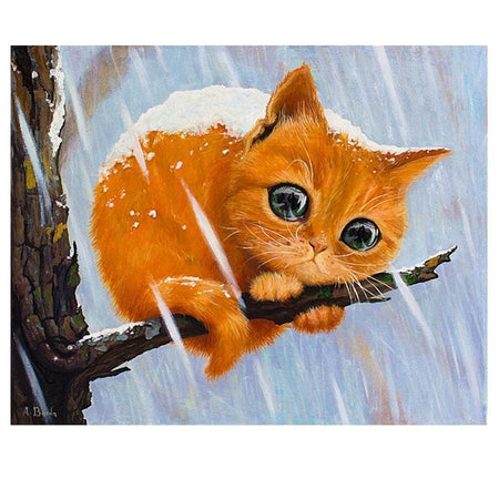 Petit chaton triste sous la neige | Broderie diamant complet - Animaux Chat Produit