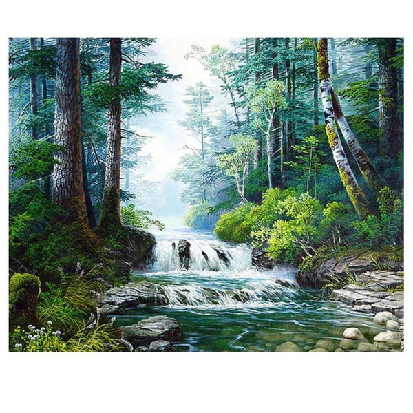 Petite chute deau en pleine forêt | Broderie diamant - En forêt Paysage Produit