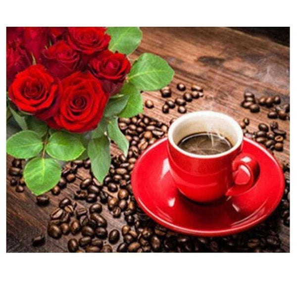 Tasse de café à la rose | Kit broderie diamant - Fleur Fleur et plante Produit