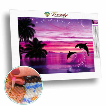 2 Dauphins au crépuscule sous les palmiers | Broderie diamant - Animaux Paysage Poisson Produit À la mer