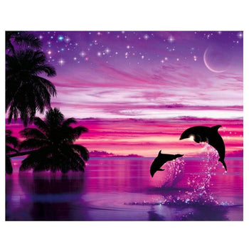 2 Dauphins au crépuscule sous les palmiers | Broderie diamant - Animaux Paysage Poisson Produit À la mer