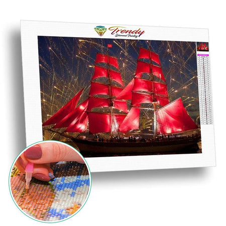 Bateau à voile rouge | Tableau de diamant - Paysage Produit À la mer