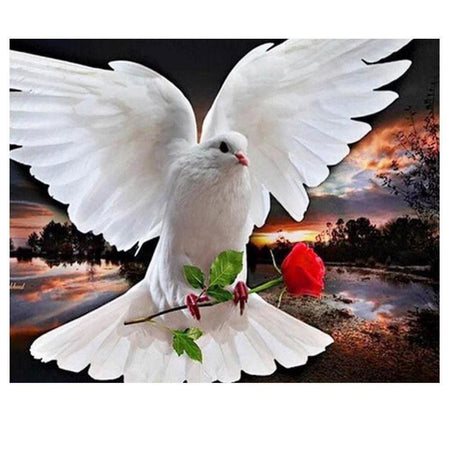 Blanche colombe et rose rouge | Broderie point de diamant - Animaux Oiseau Produit