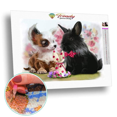 Chiot et petit lapin pâque noir | Kit de broderie de diamant - Animaux Chien Produit