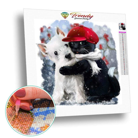 Compagnons chiot et chaton à casquette | Diamond painting complet - Animaux Chat Chien Produit