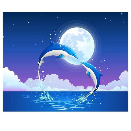Dauphins sous la pleine lune | Broderie de diamant - Animaux Poisson Produit