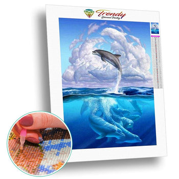 Entre ciel et mer avec les dauphins | Kit de broderie de diamant - Animaux Paysage Poisson Produit À la mer