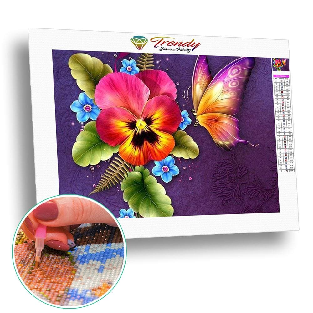 Fleur pensée décorative et papillon | Diamond painting grand format - Dessin Dessin crayon Fleur Fleur et plante Produit