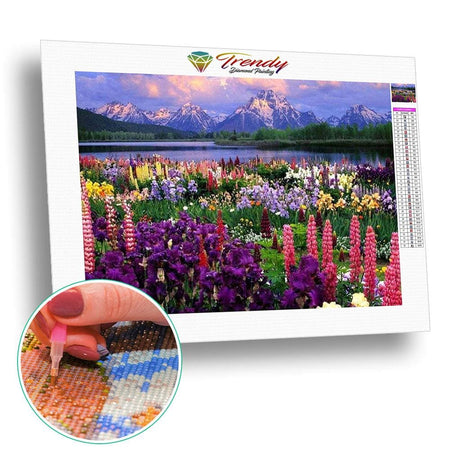 Grand espace fleuri | Broderie diamant toile entière - Paysage Produit À la montagne
