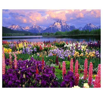 Grand espace fleuri | Broderie diamant toile entière - Paysage Produit À la montagne