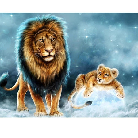 Grand lion avec lionceau dans la neige | Broderie point de diamant - Animaux Lion Produit