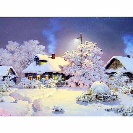 Maisons de village sous la neige en hiver - modèle M001 | Diamond painting grand format - Hiver Paysage Produit