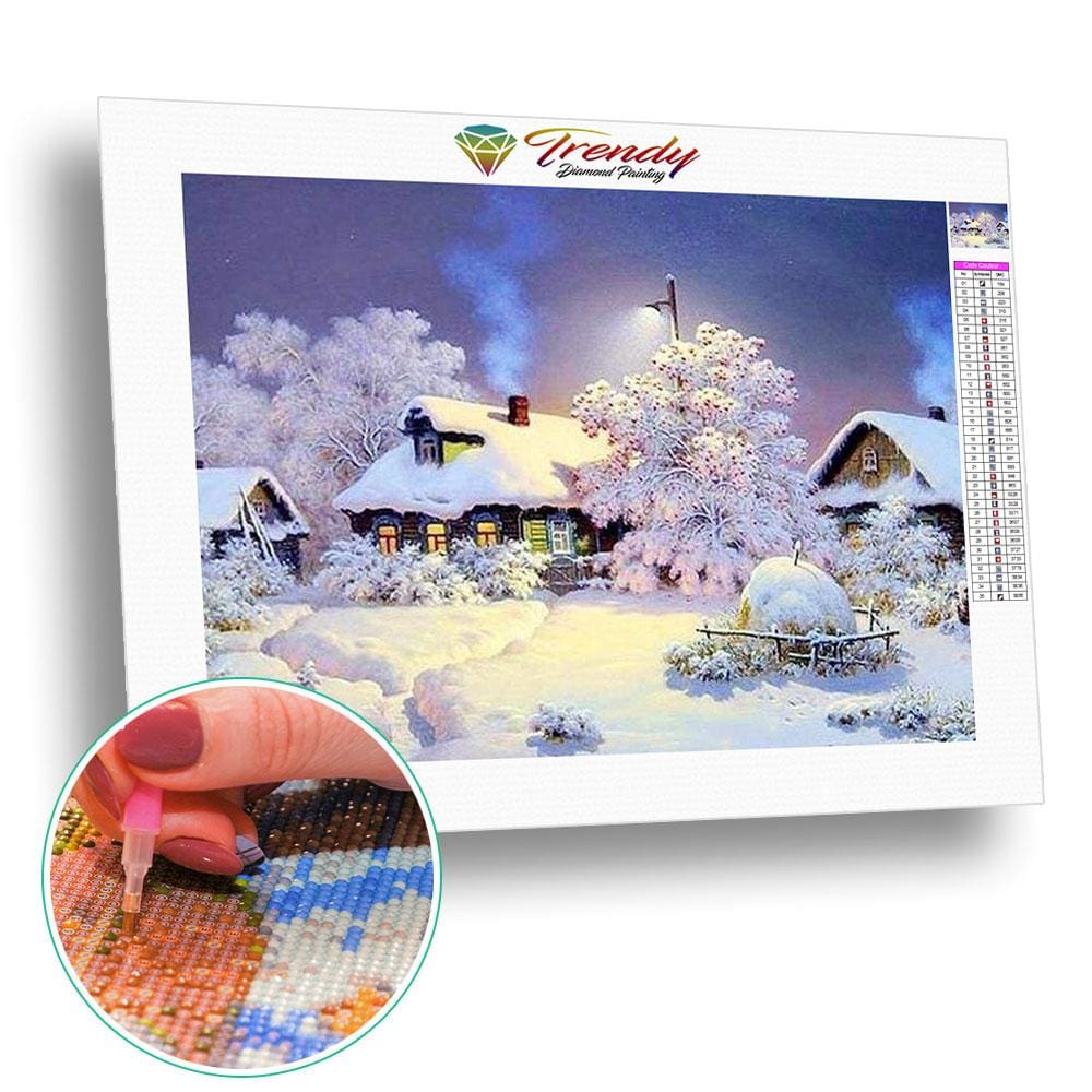 Maisons de village sous la neige en hiver - modèle M001 | Diamond painting grand format - Hiver Paysage Produit