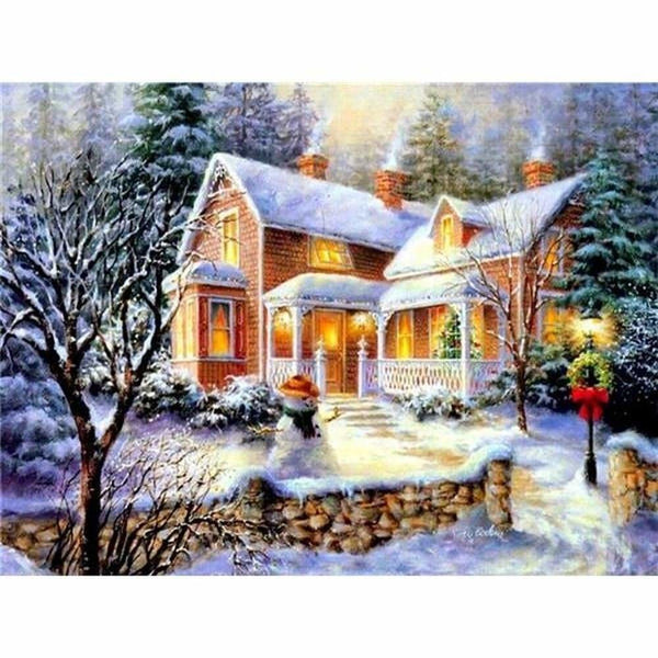 Maisons de village sous la neige en hiver - modèle M002 | Diamond Painting - Hiver Paysage Produit