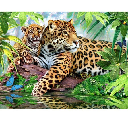 Maman léopard et son petit | Peinture diamant - Animaux Léopard Produit