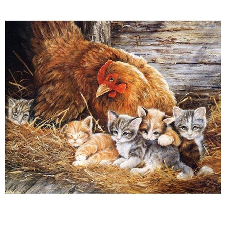 Mère poule et ses petits chatons | Broderie diamant complet - Animaux Autres animaux Chat Produit