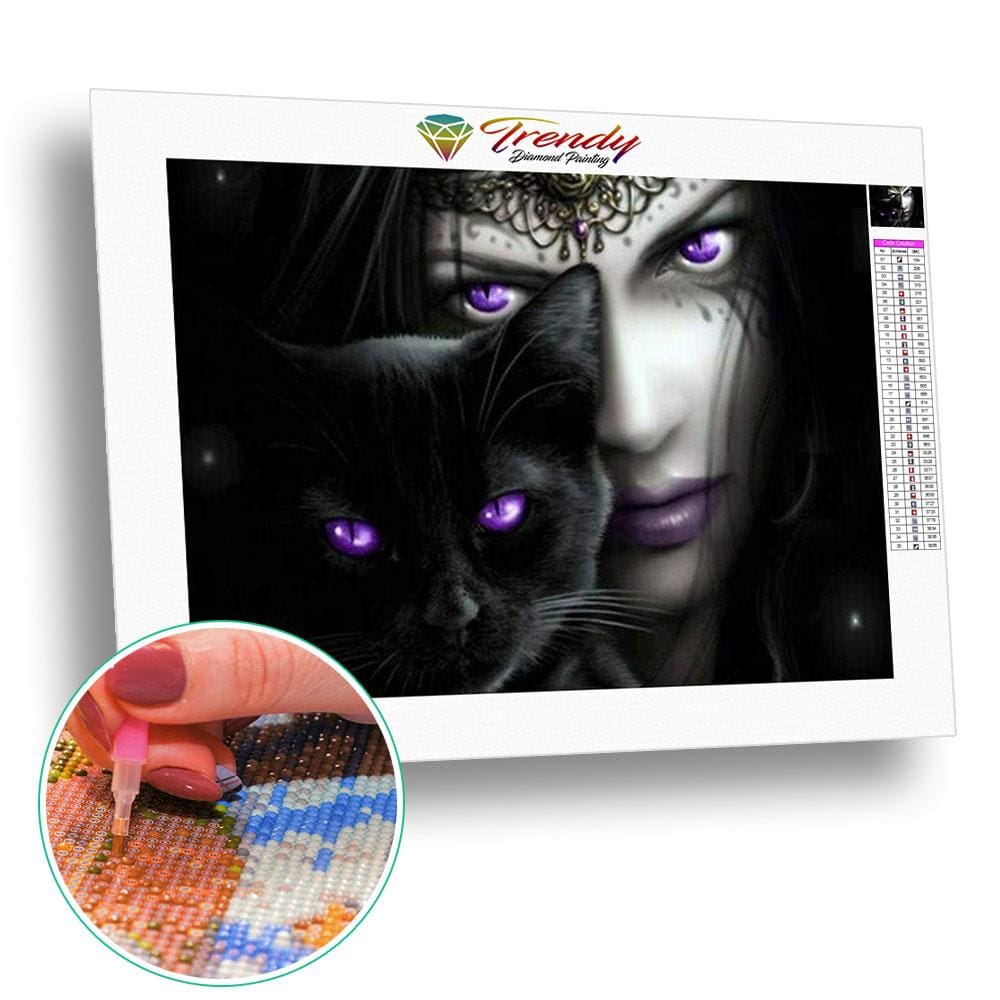 Mystérieux chat noir et princesse aux yeux violet | Diamond painting kit - Animaux Chat Produit