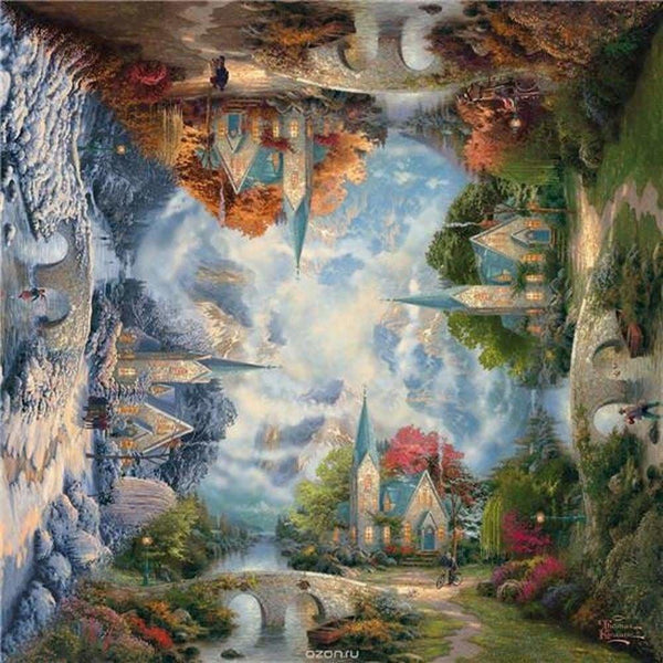 Four Seasons Tableau paysage nature toile peinte à la main 140x45cm
