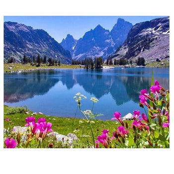 Reposant lac au pied des montagnes | Kit broderie - Paysage Produit À la montagne Été