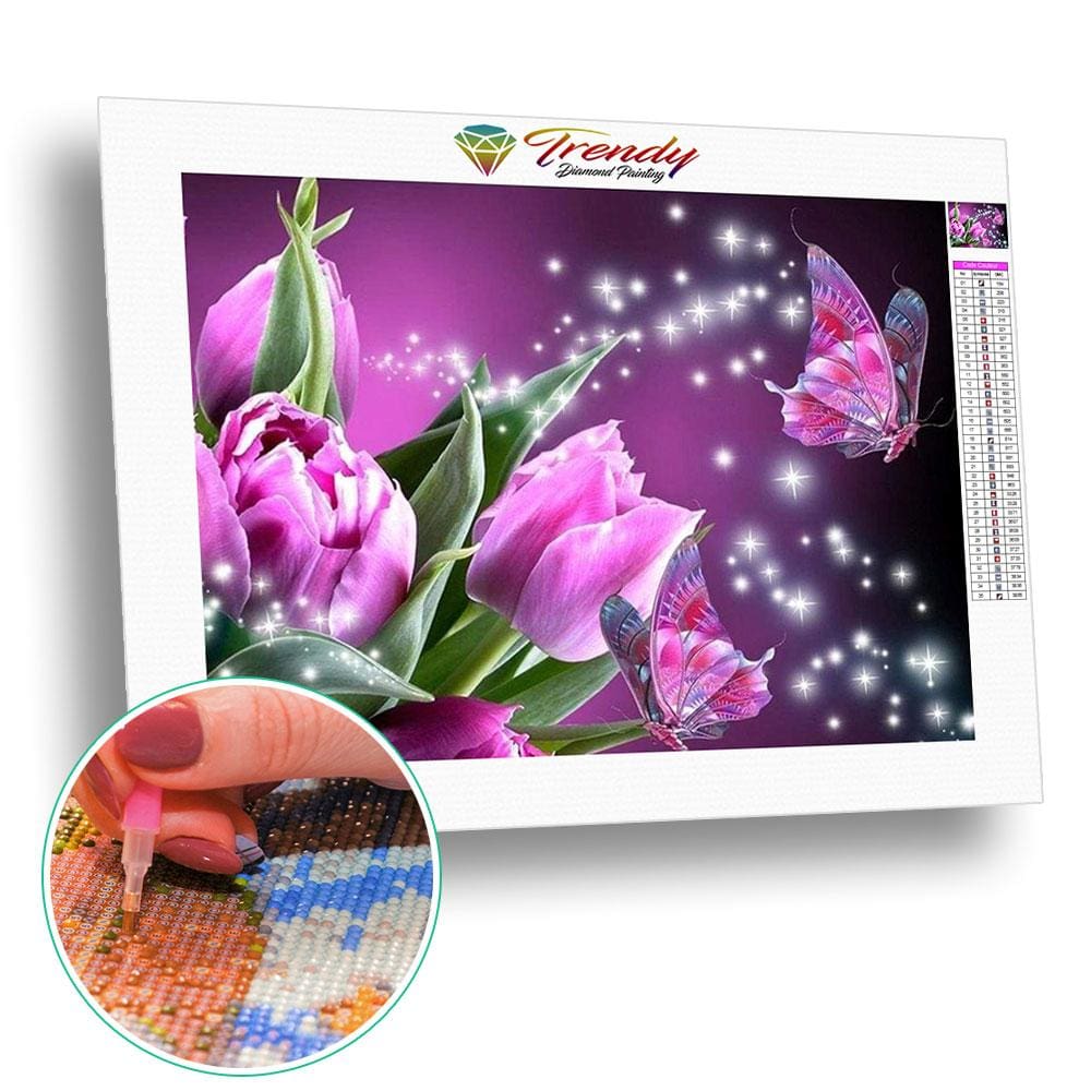 Rose papillon féérique | Diamond painting grand format - Animaux Fleur Fleur et plante Papillon Produit